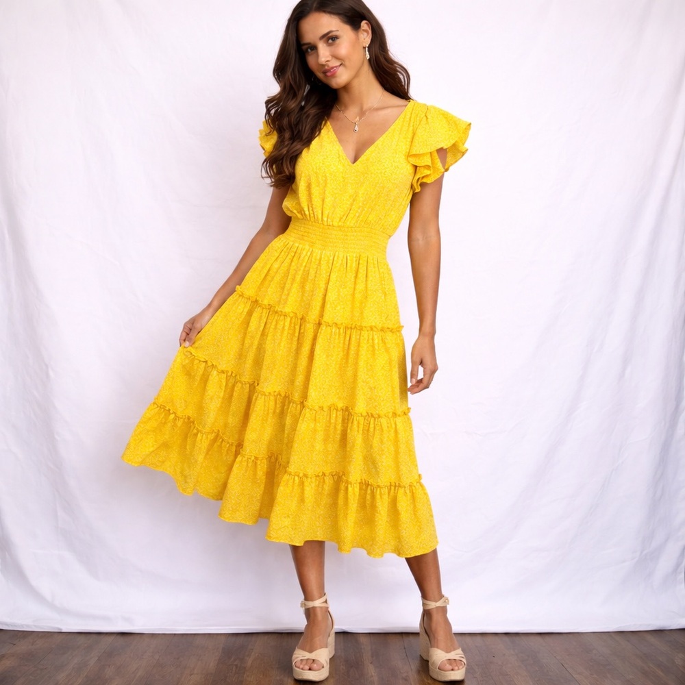 Jessica Simpson Yellow Ruffle Sleeve Dress Smocked Waist Size S